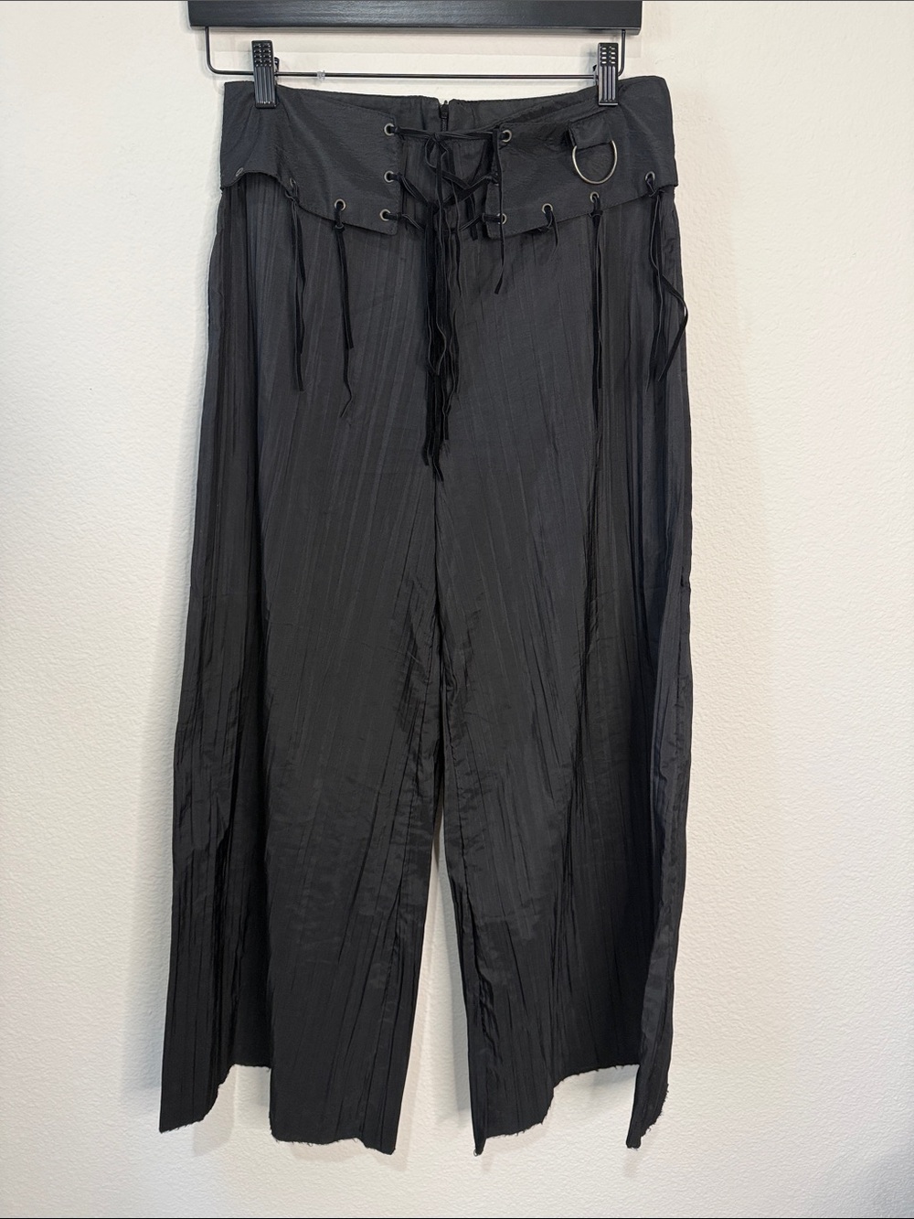 Black Wide-Leg Lace-Up Waist Pants